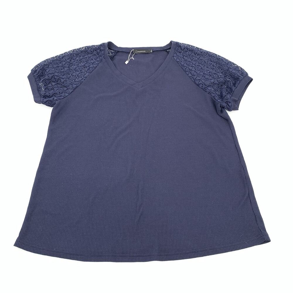 Fashion Crochet Balloon Short Sleeve Waffle Print Top Size XXL Womens Navy Blue